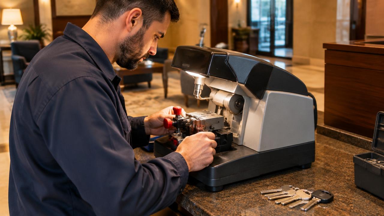 Commercial locksmith cutting duplicate building keys in Pineville, NC