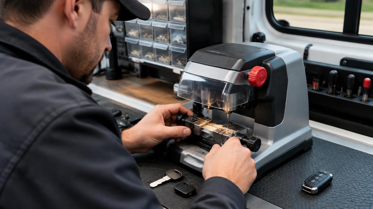 Automotive locksmith cutting a duplicate car key in Pineville, NC