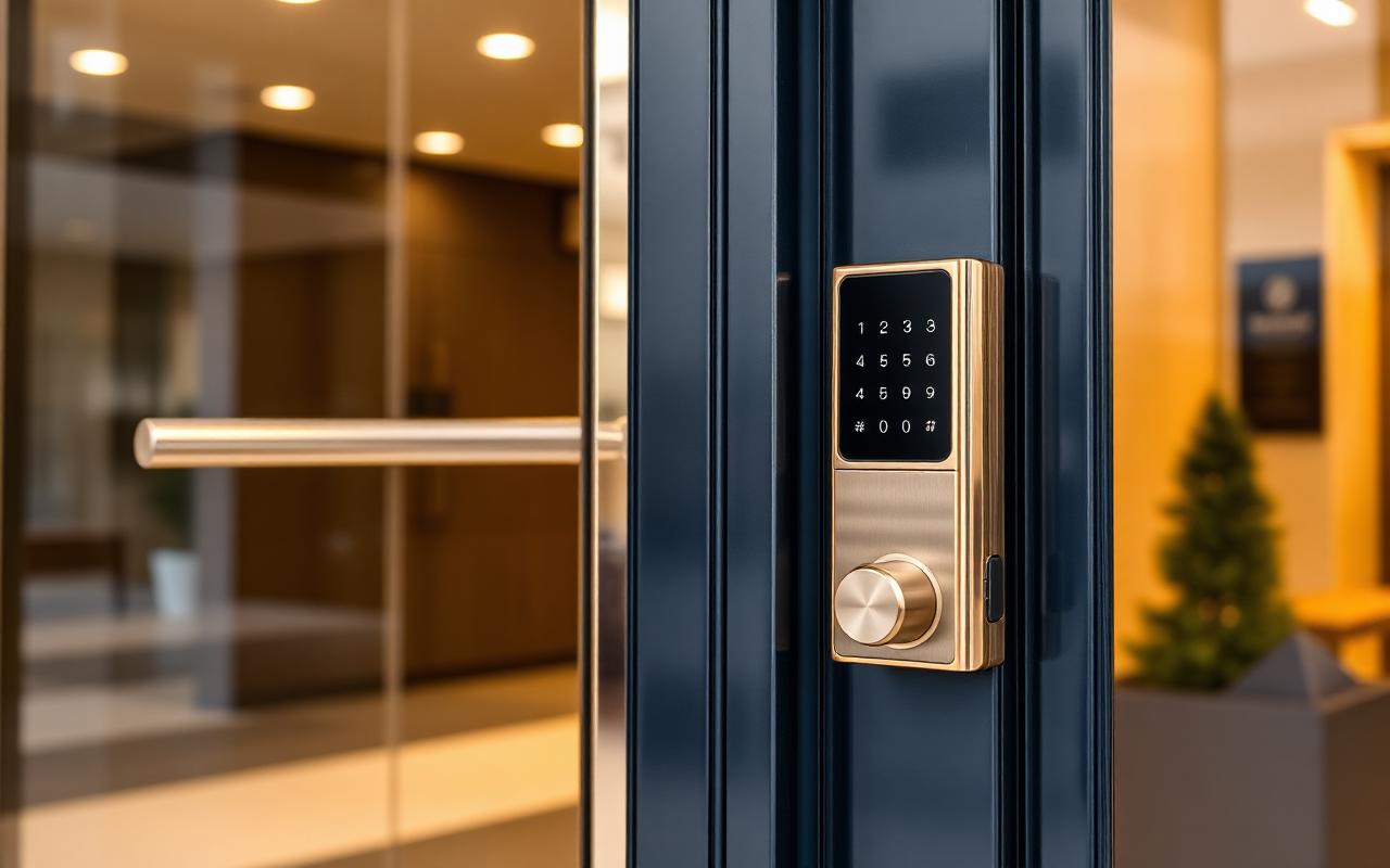 Commercial locksmith installing keypad access at an Pineville, NC business