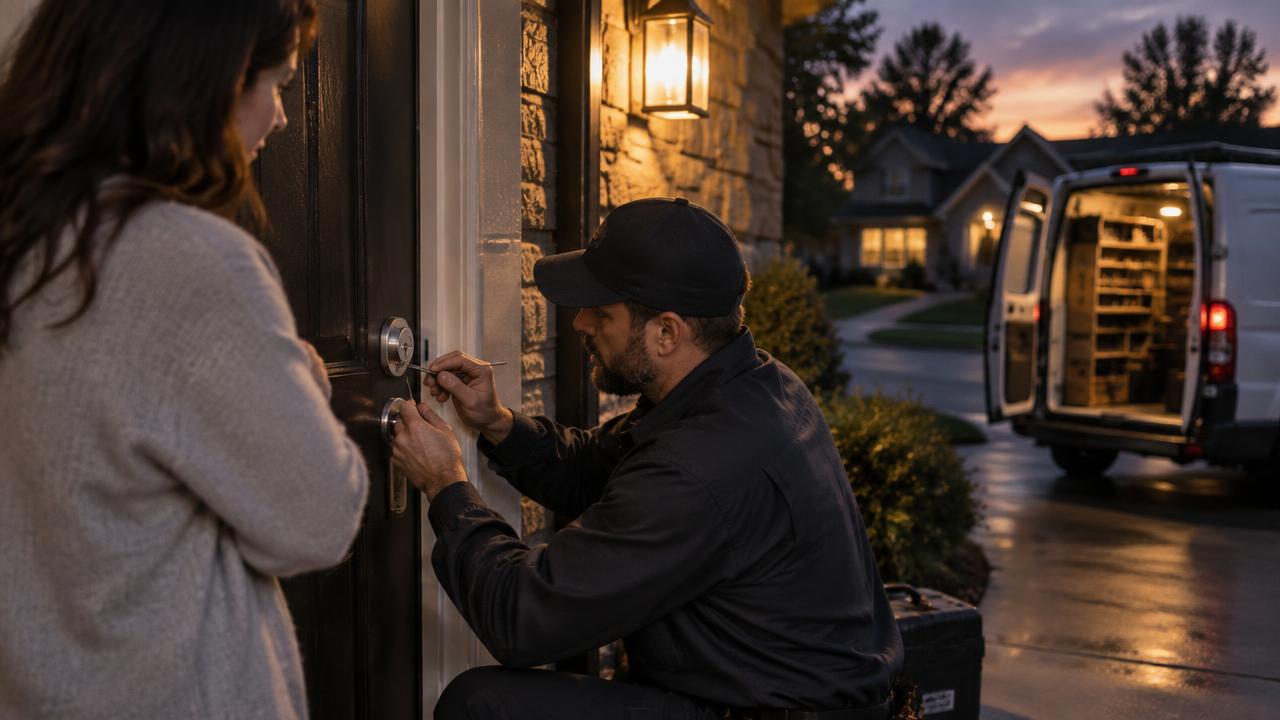 Emergency locksmith opening a home door lock at night in Pineville, NC