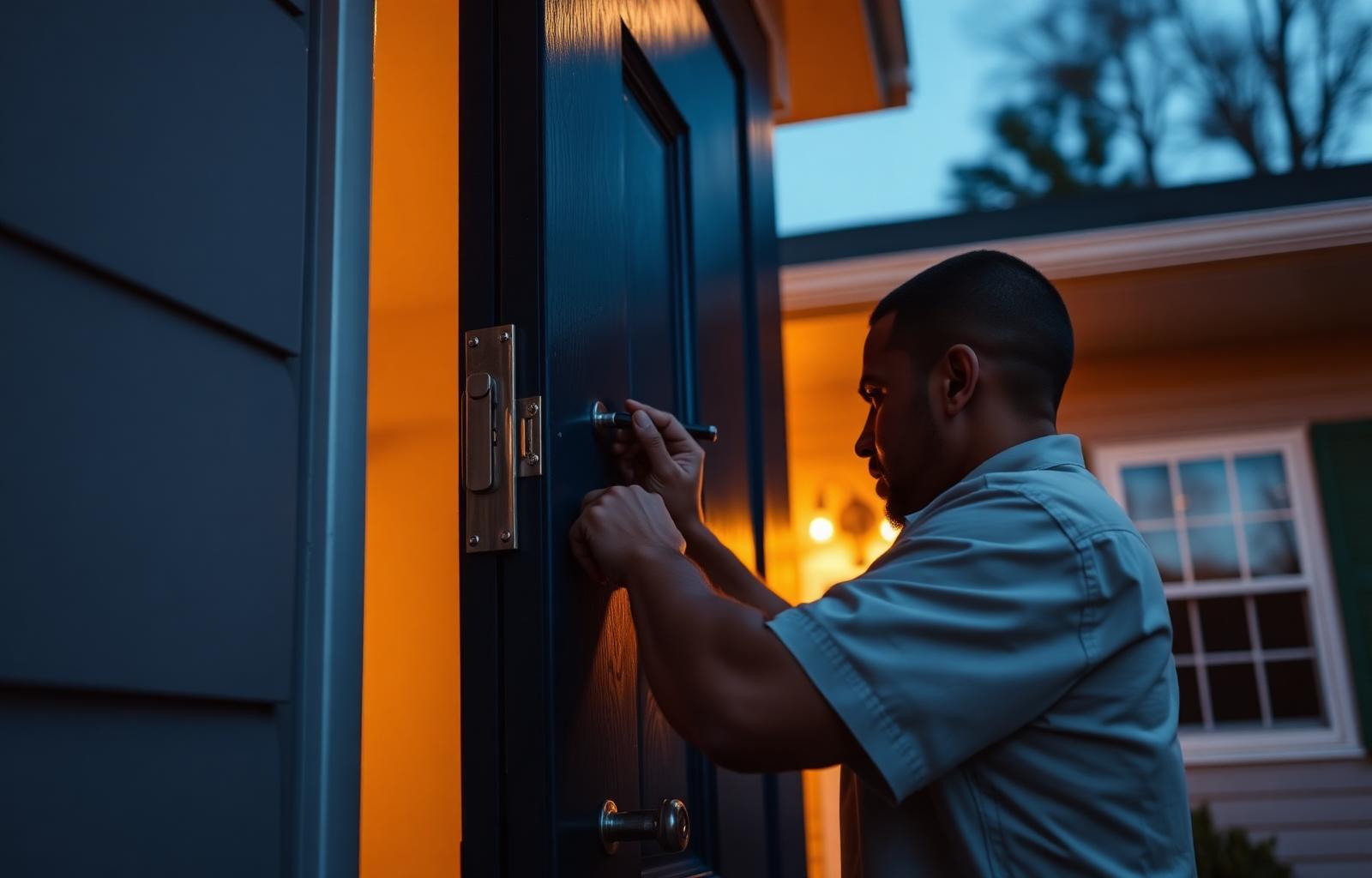 Locksmith of Pineville technician working on a residential door lock in Pineville, NC