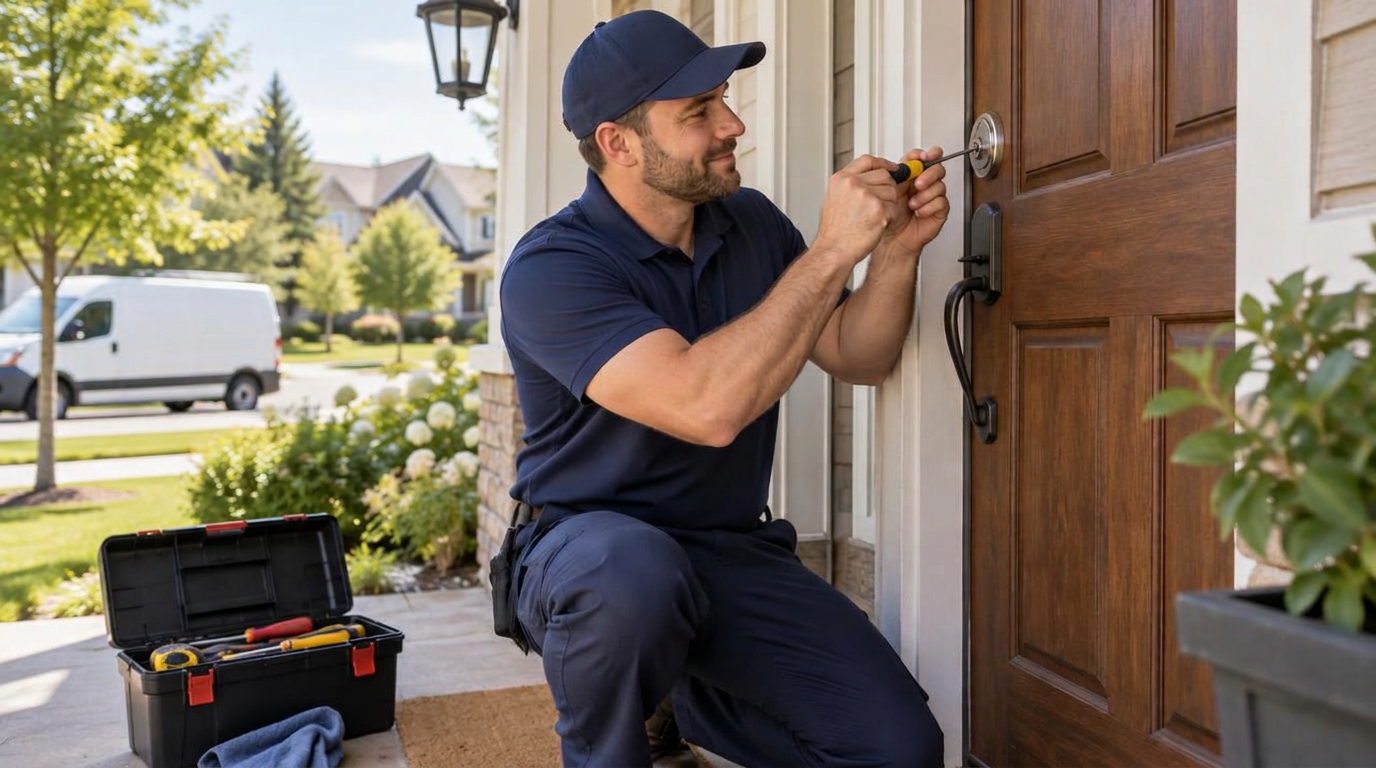 Locksmith re-keying a residential door lock cylinder at a home in Pineville, NC